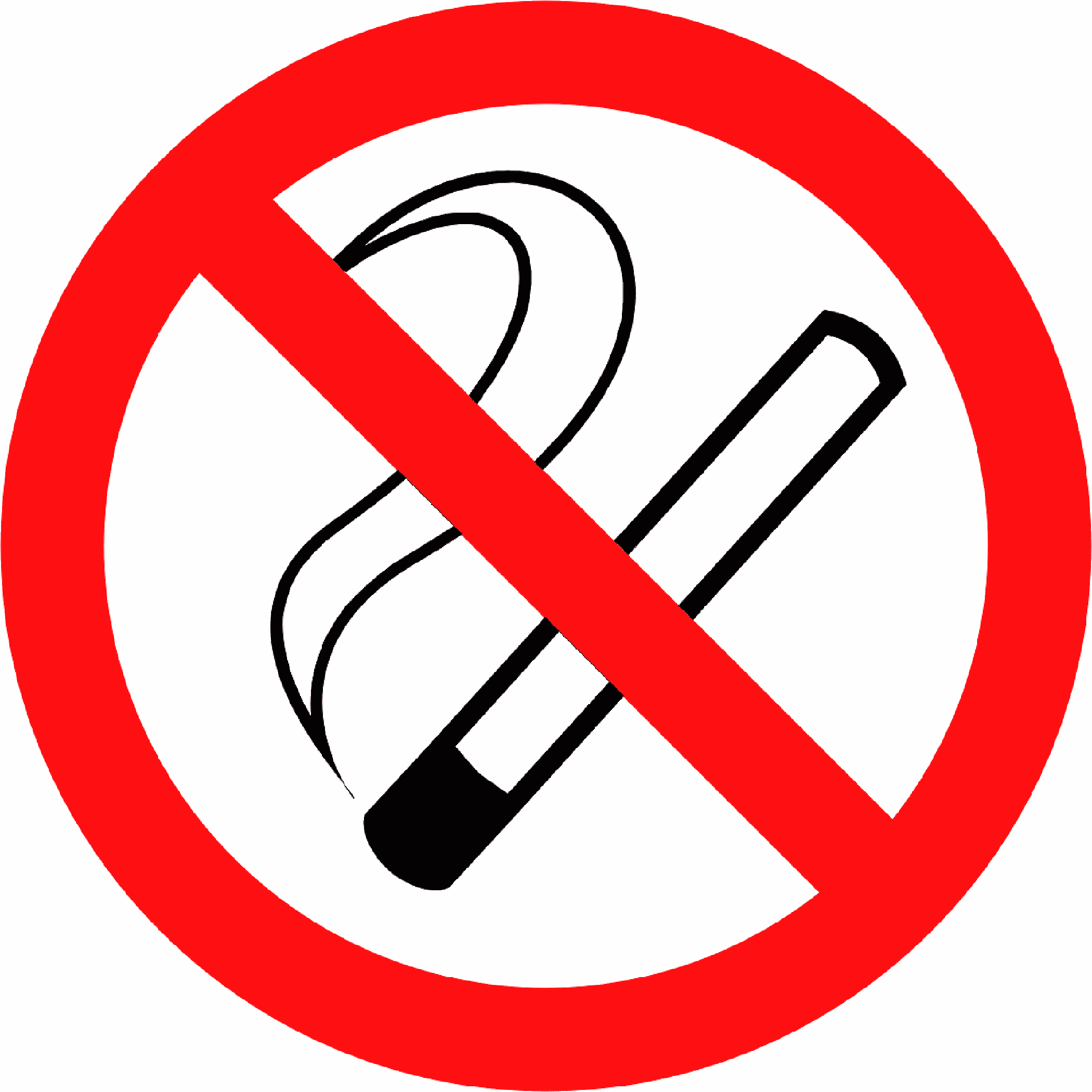 Affiche d'interdiction de fumer à l'image d'un panneau routier de sens interdit avec une cigarette barrée, sur fond blanc, circulaire, sans inscription.