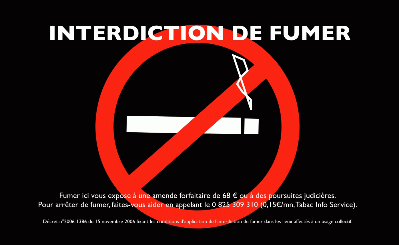 Affiche d'interdiction de fumer à l'image d'un panneau routier de sens interdit avec une cigarette barrée, avec un fond noir et en mode paysage, et des indications légales.