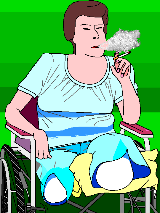 Dessin animé d'une fumeuse amputée des deux jambes dans un fauteuil pour handicapé. Commentaire Tobacostop : D'une fumeuse amputée des jambes à cause des cigarettes, l'on dira qu'elle était clopée...