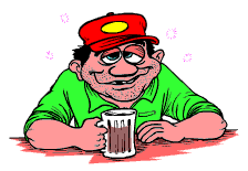 Dessin animé d'un ouvrir imbibé de bière assis et saluant le bock à la main. Commentaire Tobacostop : Que tu boives ou que tu fumes, pendant ce temps tu es sans driller...