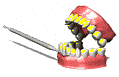 Dessin animé d'une machoire nettoyée par un dentiste. Commentaire Tobacostop : Chez le dentiste, le tabac offre au fumeur l'occasion de jouir de plaisirs récurrents...