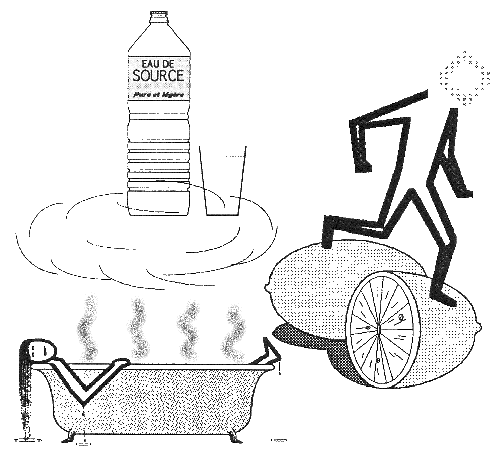Image d'une bouteille d'eau de source, de citrons, d'un coureur, d'une femme dans son bain.