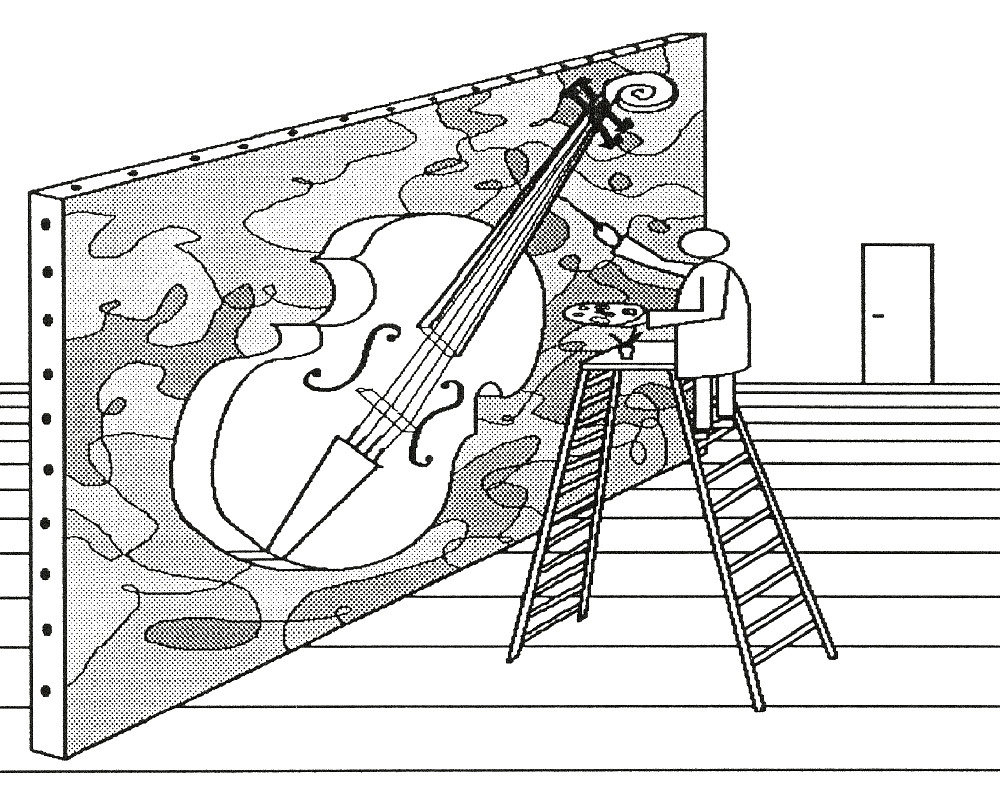 Image d'un peintre peignant un violon sur toile géante.