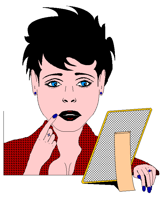 Dessin animé d'une jeune femme devant son miroir et qui voit apparaître des rides qui la vieillissent. Commentaire Tobacostop : Avec l'impact du tabac sur la peau et l'esprit des fumeuses, il n'y a plus moyen de les dérider...