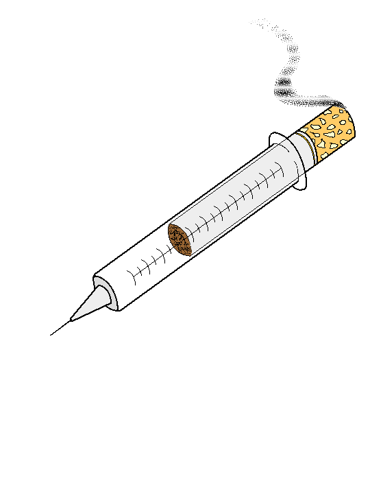 Dessin animé d'une seringue dont le poussoir d'injection est une cigarette. Commentaire Tobacostop : Seringue ou nicotine, de fil en aiguille, on se retrouve accroc...