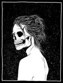 Dessin animé d'une jeune femme avec une belle chevelure mais avec une tête de morte. Commentaire Tobacostop : La terreur qu'inspire la Mort avec le cancer pourrait faire croire qu'elle veut paniquer les fumeurs, mais c'est faux...