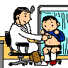 Dessin animé d'un médecin auscultant les poumons d'un enfant à l'aide d'un stéthoscope. Commentaire Tobacostop : D'avoir départ enfumé, pour démarrer dans la vie, mauvais est l'atout...