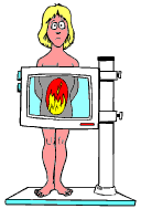 Dessin animé d'une femme dont les rayons X indiquent qu'elle a le ventre qui est en feu. Commentaire Tobacostop : Les ulcères d'estomac occasionnés par le tabac, fournissent un sujet brûlant...