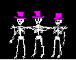 Dessin animé de trois squelettes qui dansent en chapeau claque rose. Commentaire Tobacostop : Le cancer les a fait valser dans la mort : il faut dire que la fumée de leurs cigarettes était très dense...